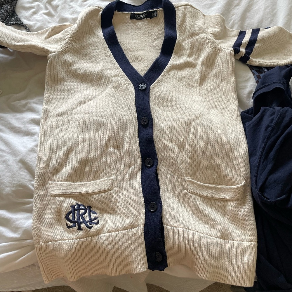 Lauren Ralph Lauren Vonzia Cotton Cardigan Sp Mascarpone Cream/Navy NWT